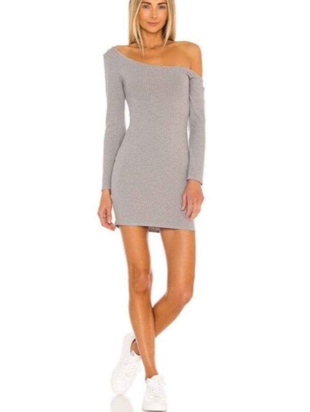 LOVERS + FRIENDS X REVOLVE Gray Ribbed Knit Off Shoulder Long Sleeve Dress Small - Picture 1 of 5